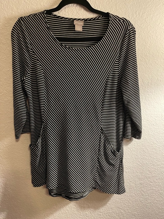 Chico's Tops - Chico's Black & White Diagonal Stripe Scoop Neck Tunic with Pockets